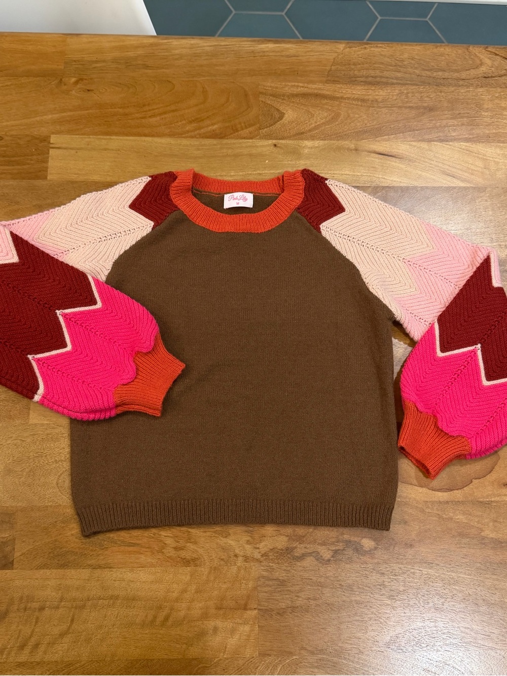 Pink Lily Brown Sweater w/ Pink, Red & Orange Stripes on Puffy Sleeves Size M
